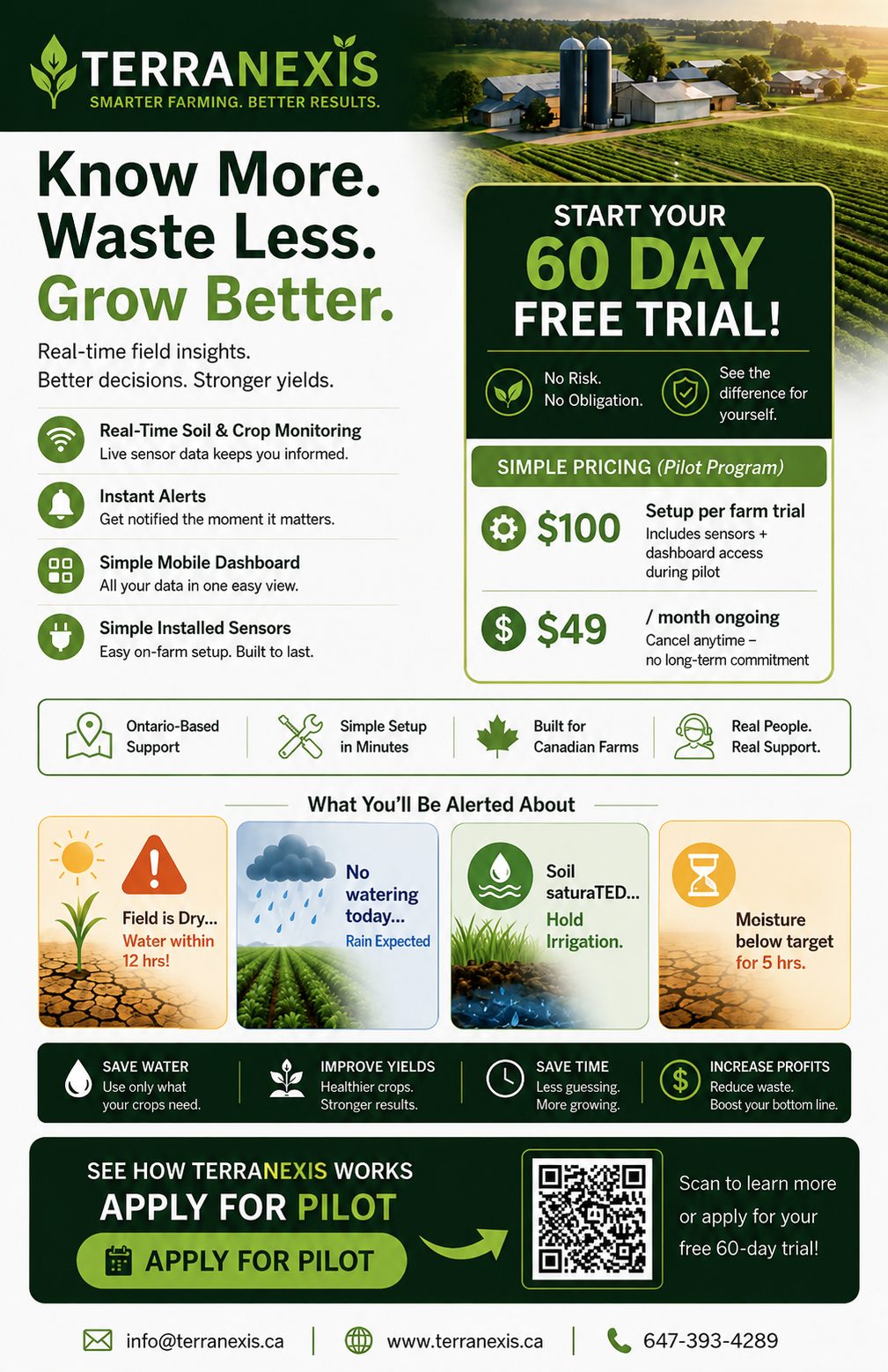 TerraNexis flyer — 60-day free farm trial, setup details, and pilot application
